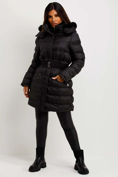 Puffer Padded Coat With Fur Hood And Belt Black