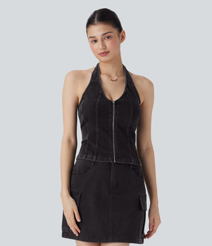 FlexTM Halter Zipper Washed Denim Casual Tank Top