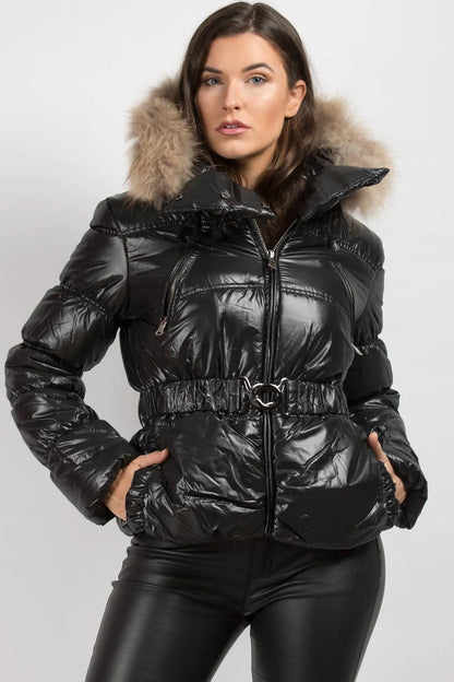Shiny Puffer Coat With Fur Hood Belted