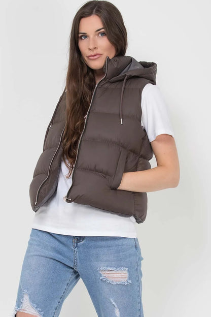 Hooded Puffer Gilet Sleeveless Jacket Chocolate Brown
