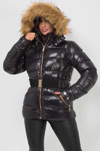 Shiny Puffer Belted Jacket With Faux Fur Hood