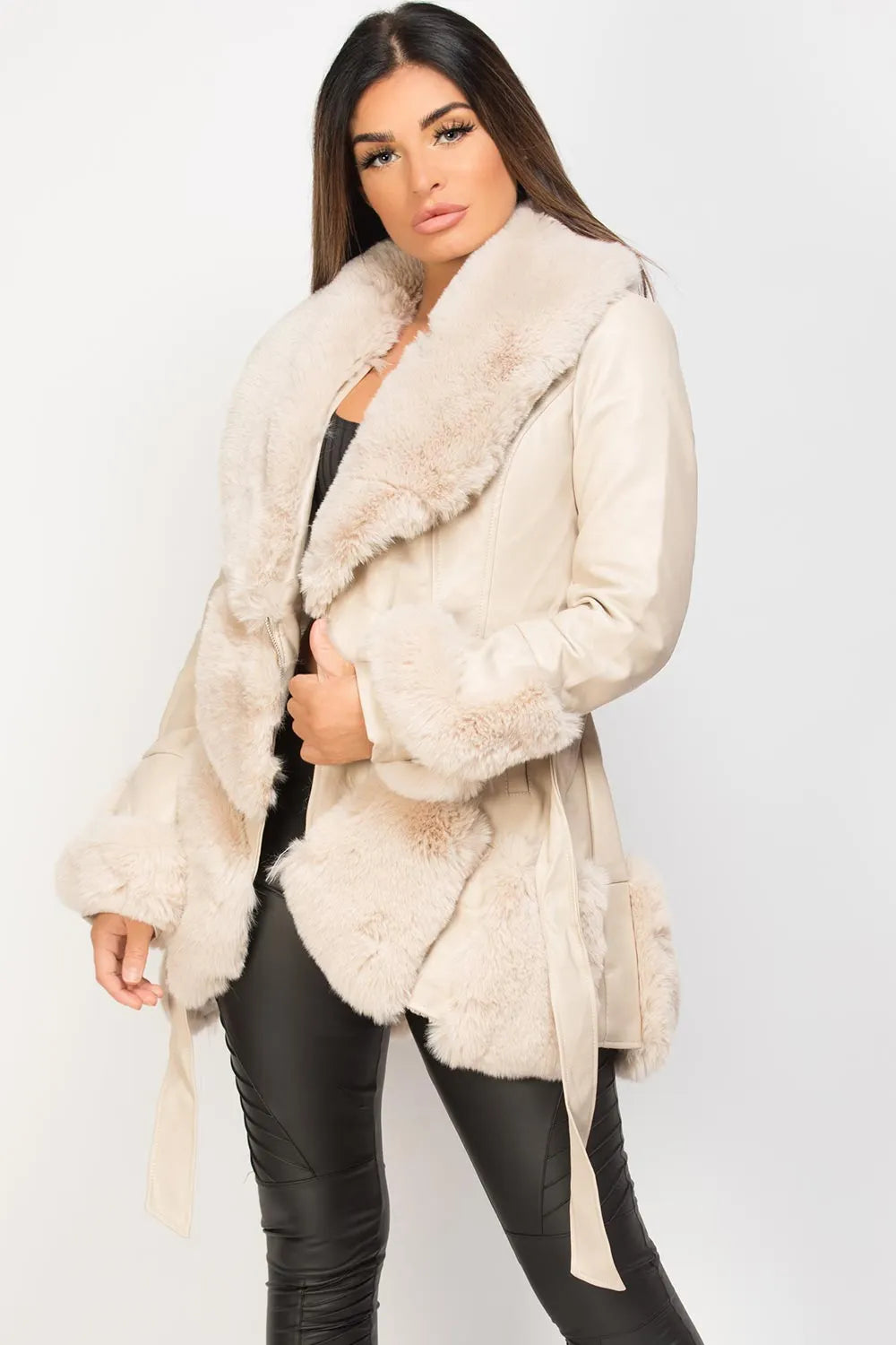 Cream Faux Leather Belted Jacket With Faux Fur Trim