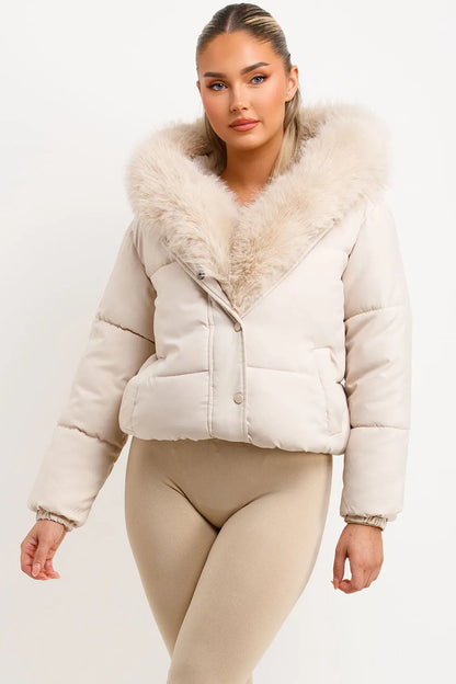 Bomber Jacket With Fur Hood And Trim Beige