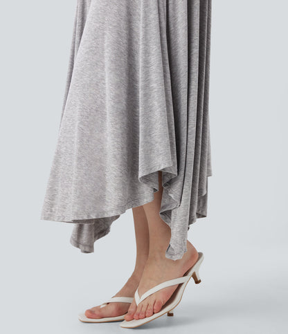 Ruched Asymmetric Hem Flowy Maxi Casual Dress