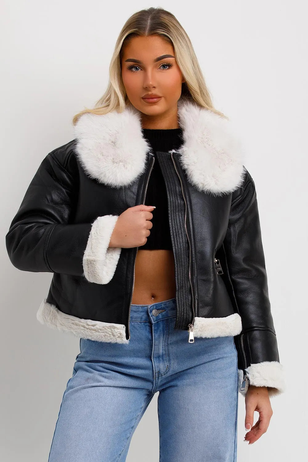 Crop Aviator Jacket With Fur Collar Black