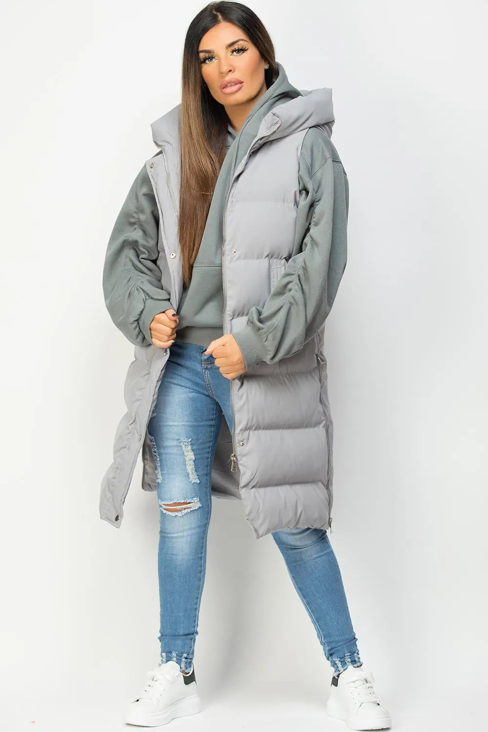 Grey Padded Longline Hooded Gilet