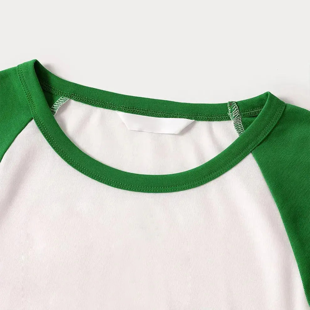 Green Raglan Top Green Plaid Christmas Pajamas Set With "Jesus Is The Reason For The Season" Slogan Print