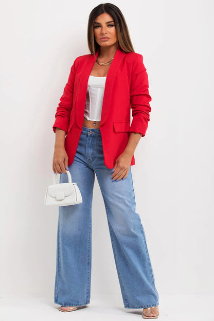 Red Ruched Sleeve Blazer
