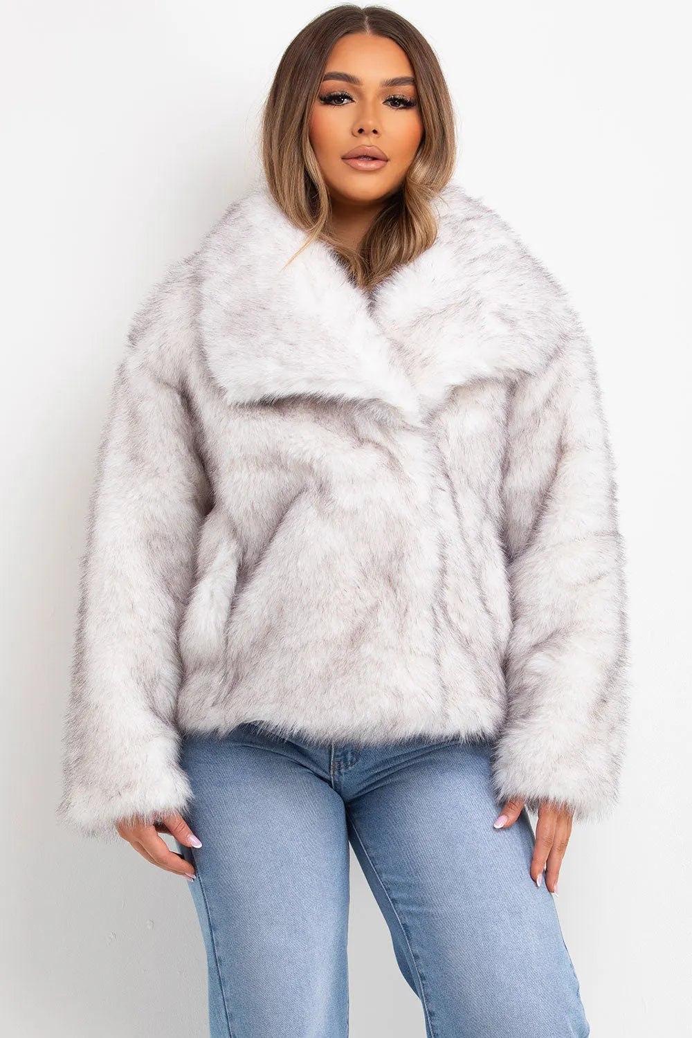 White Faux Fur Jacket With Collar