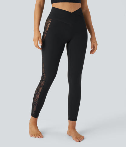 SoftlyZeroTM High Waisted Crossover Contrast Lace Built-in Underwear Yoga Leggings with Pocket-UPF50+