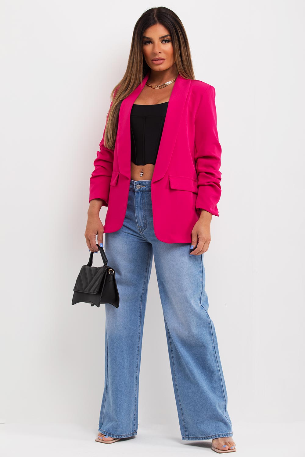 Hot Pink Ruched Sleeve Blazer