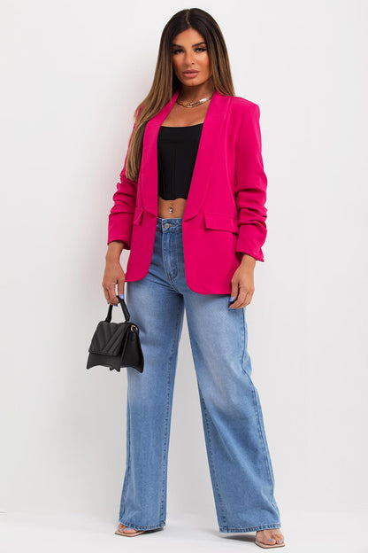 Hot Pink Ruched Sleeve Blazer