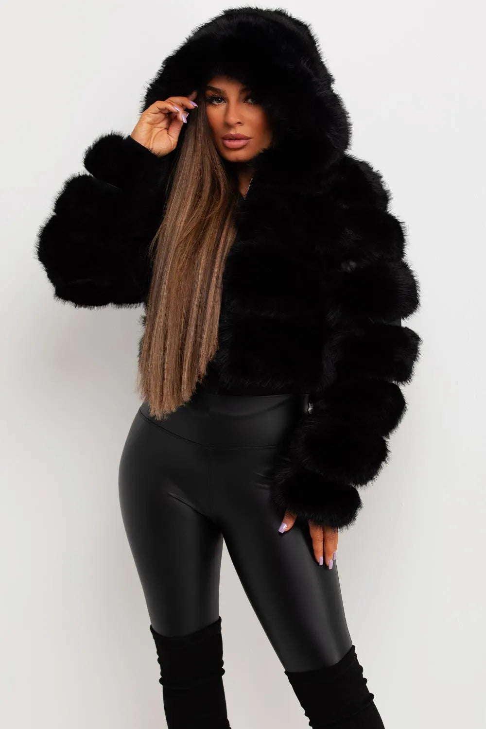 Faux Fur Coat With Hood Black