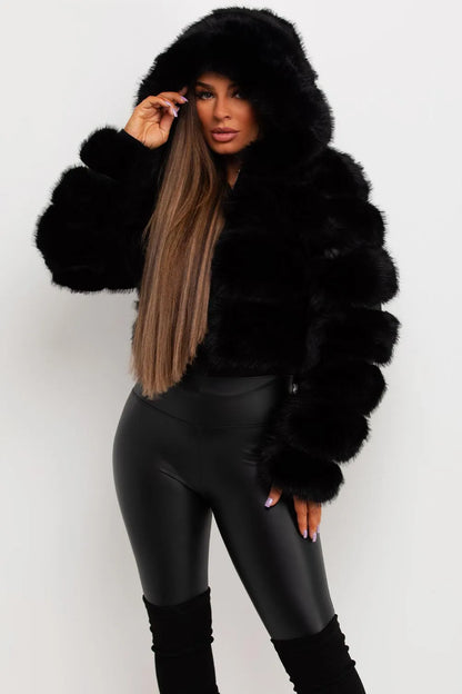 Faux Fur Coat With Hood Black