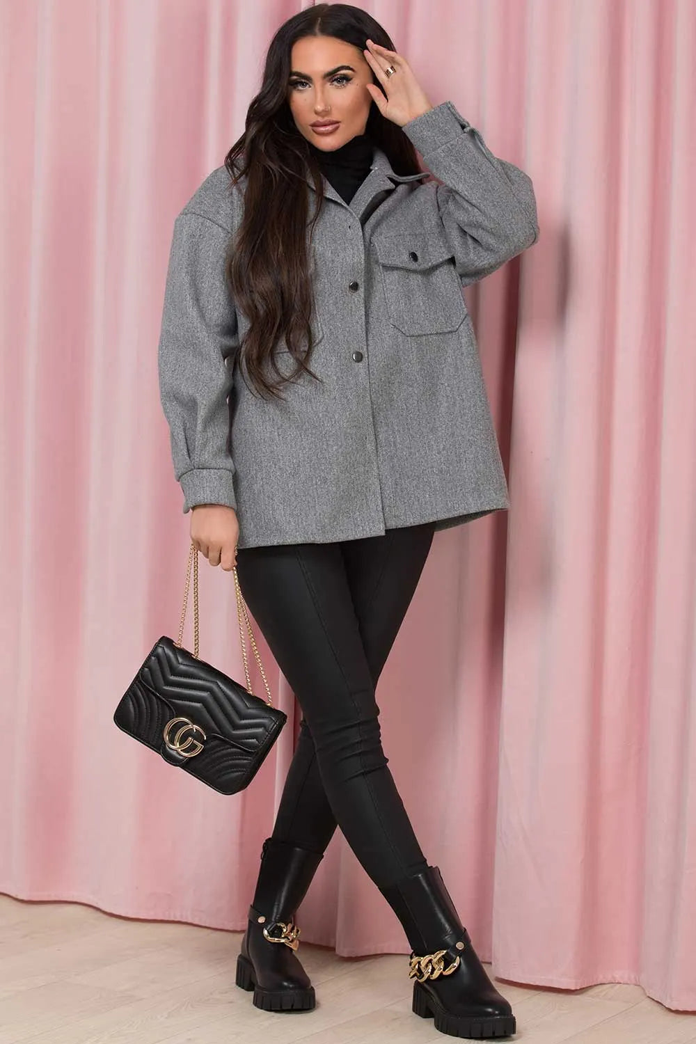 Grey Shacket With Front Pockets
