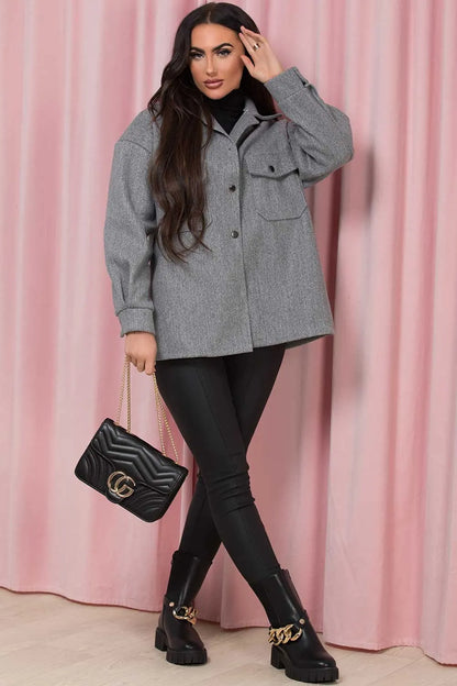 Grey Shacket With Front Pockets