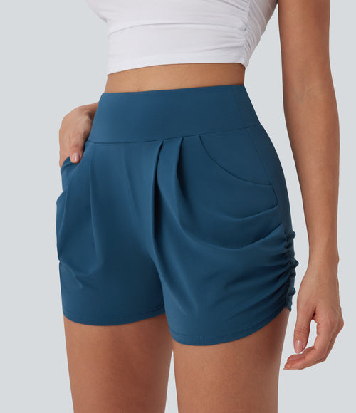 High Waisted Ruched Casual Shorts with Pockets