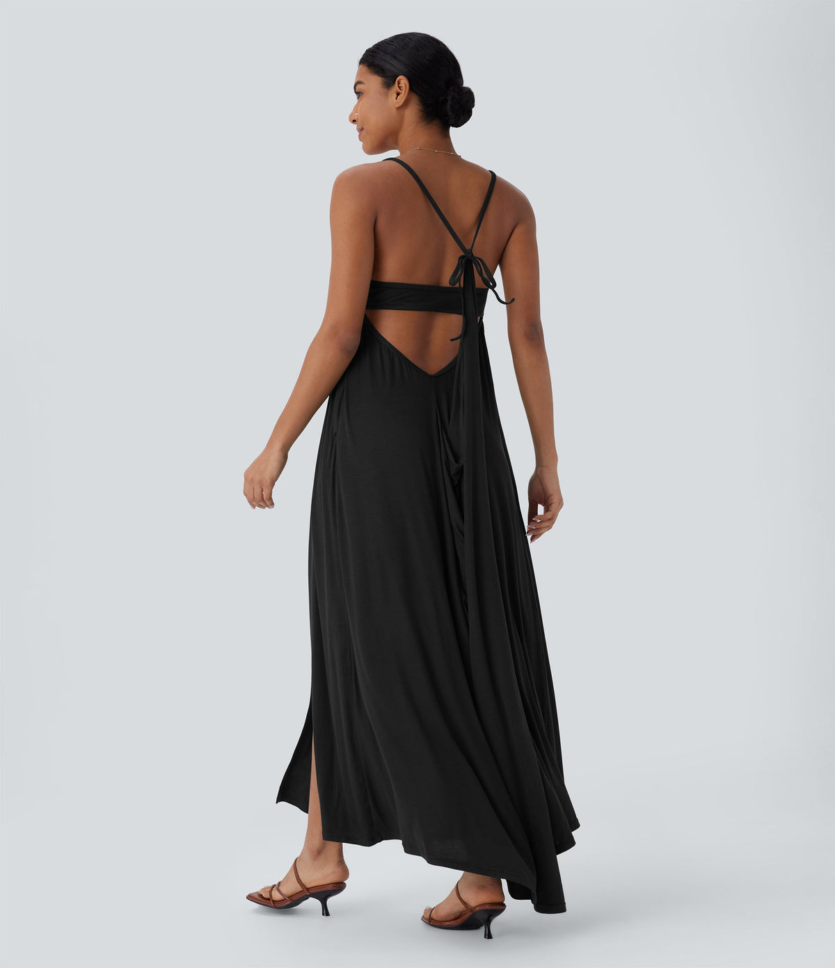 Ribbed Tie Back Ruched Maxi Slip Dress with Pockets