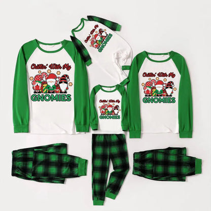 Green Raglan Top Green Plaid Christmas Pajamas Set With "Chillin With My GNOMIES" Green and Red Gnomes Print