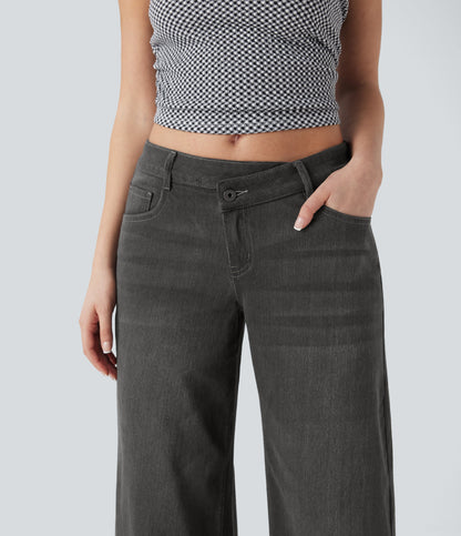 FlexTM Asymmetric Low Rise Zipper Pockets Baggy Wide Leg Washed Casual Jeans