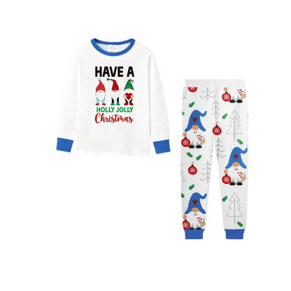 Holiday Christmas Family Blue Pajamas Set with Whimsical Gnome Pattern Print