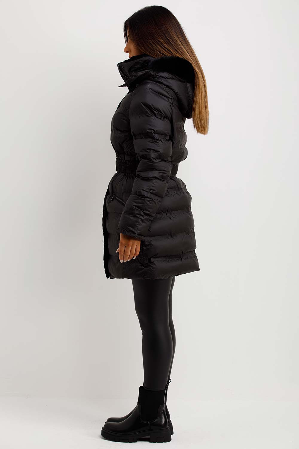 Puffer Padded Coat With Fur Hood And Belt Black