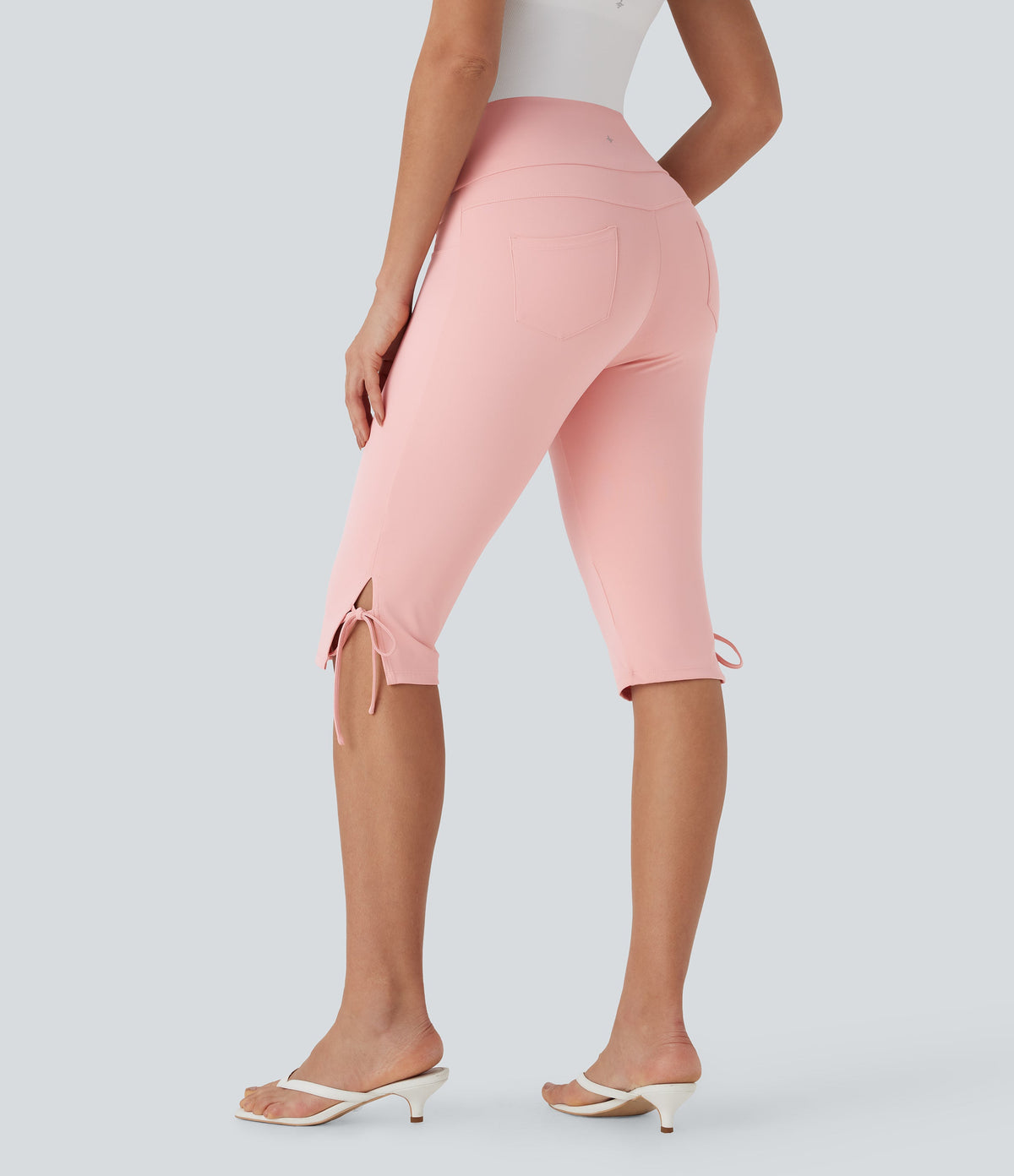 Mid Rise Lace Up Capri Casual Pants with Pockets