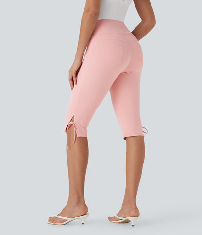 Mid Rise Lace Up Capri Casual Pants with Pockets