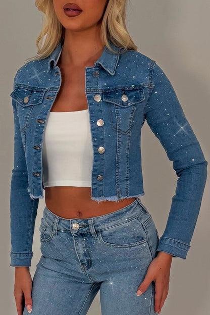 Diamante Rhinestone Crop Denim Blue Jacket