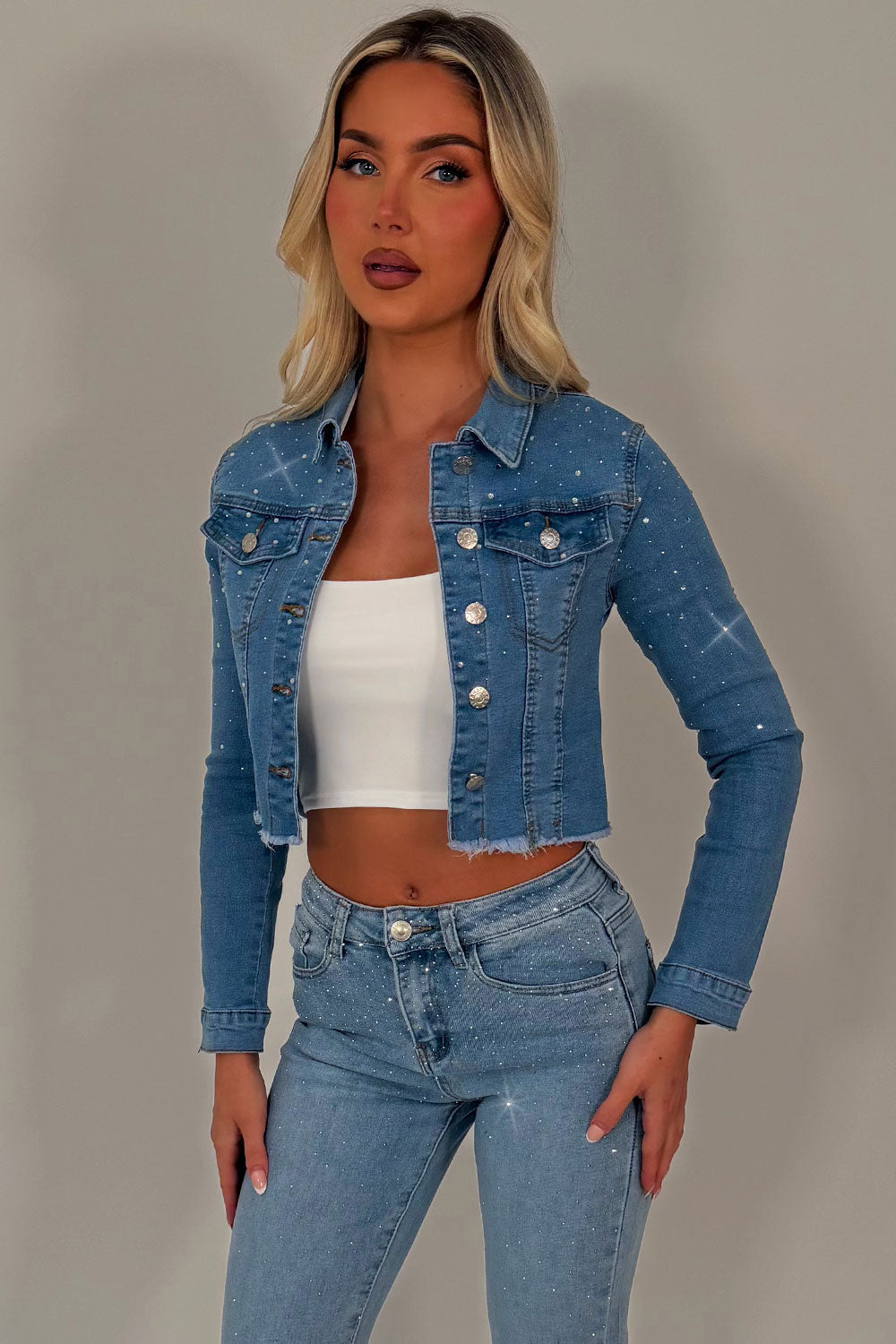 Diamante Rhinestone Crop Denim Blue Jacket