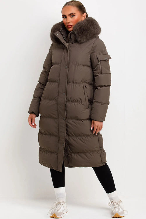 Long Puffer Coat With Fur Hood Khaki