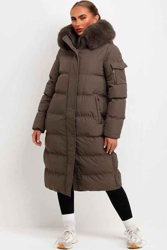 Long Puffer Coat With Fur Hood Khaki