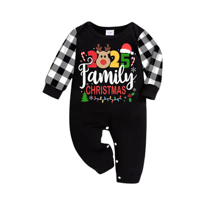 "Family Christmas 2025" Text and Deer Prints Black Long Sleeve Top with Black And White Plaid Pants Family Matching Pajamas