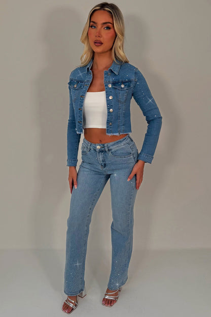 Diamante Rhinestone Crop Denim Blue Jacket