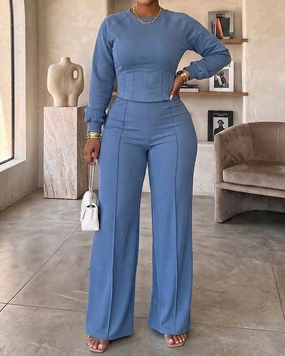 2 Pieces Outfit O-neck Long Sleeve Cinched Waist Sweatshirt and Elastic Waist Wide Leg Pants Set Casual Seam Design Sweatpants Set