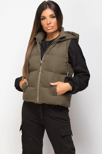 Hooded Padded Gilet Sleeveless Jacket Khaki