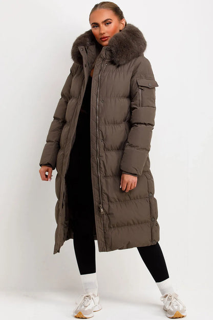 Long Puffer Coat With Fur Hood Khaki