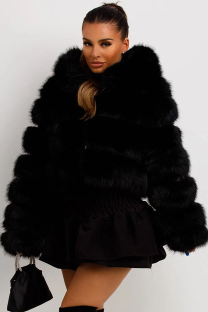 Faux Fur Coat With Hood Black