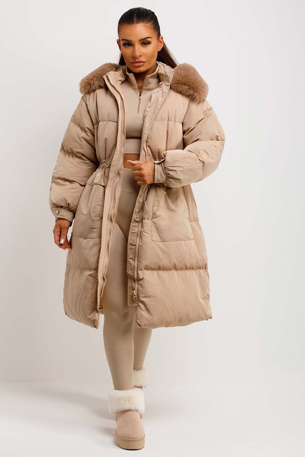Long Puffer Coat With Faux Fur Hood And Drawstring Waist Beige