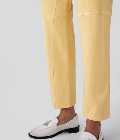 Mid Rise Straight Leg Cargo Casual Cotton Pants with Pockets