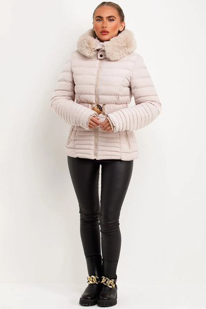 Puffer Jacket With Faux Fur Hood And Gold Belt Beige