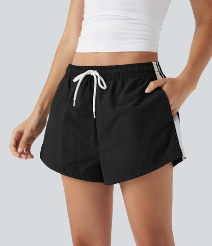 Low Rise Drawstring Color Block Built-in Underwear Casual Shorts with Pockets