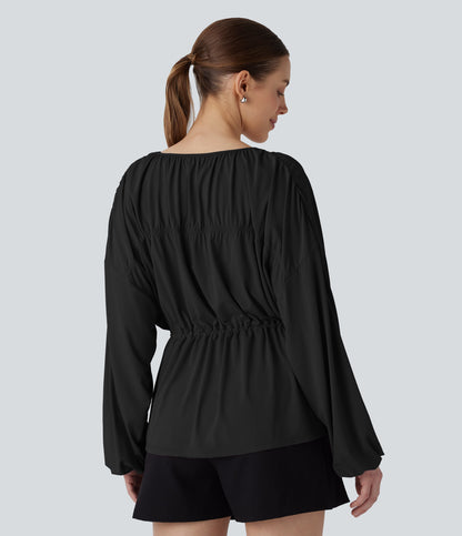Long Sleeve Lace Up Drawstring Work Blouse