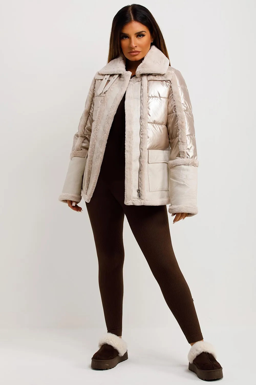 Faux Fur Trim Faux Suede Jacket In Rose Gold