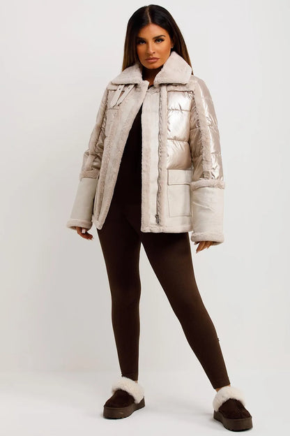 Faux Fur Trim Faux Suede Jacket In Rose Gold