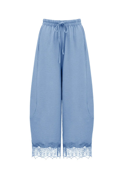 Women's Casual Pocket Elastic Waist Long Pants, Lace Patchwork Bottoms, Asymmetrical Hem, Summer Loose Wide-Leg Pants, Womenswear