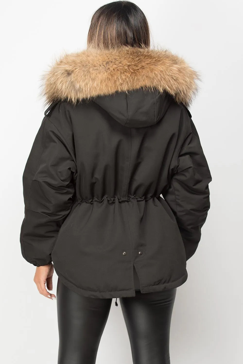Black Natural Fur Hooded Parka Coat