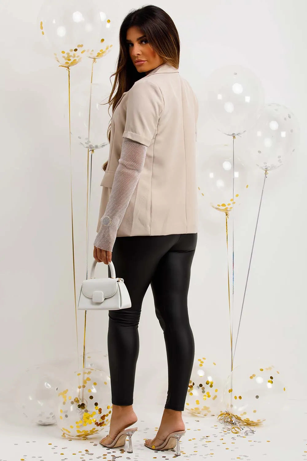 Beige Blazer With Diamante Net Sleeve