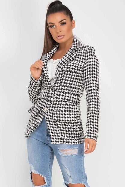 Tweed Blazer With Belt Black And White