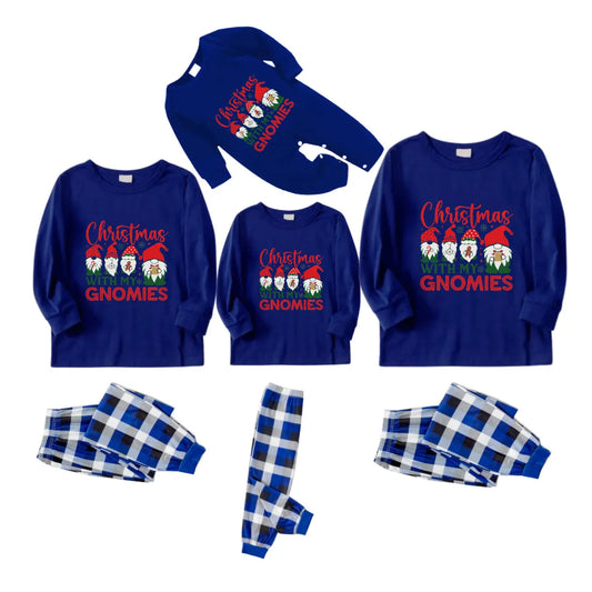 Christmas Family Matching Pajamas-Navy & White Plaid Pjs Set with "Christmas With My Gnomies" Print